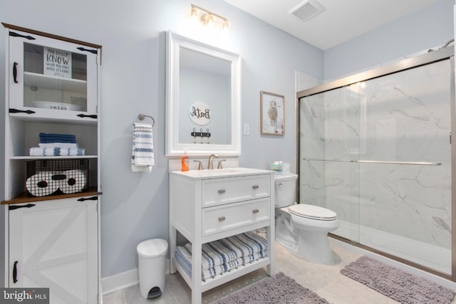 full bathroom with a marble finish shower, vanity, toilet, tile patterned flooring, and visible vents