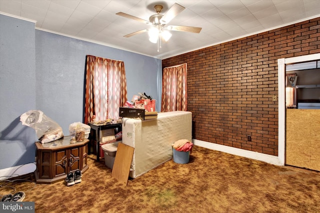 417 N Nichols St, Pottsville, PA 17901 - bedroom featuring crown molding, ceiling fan, carpet flooring, and brick wall