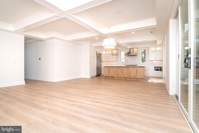 816 Garfield Pkwy, Bethany Beach, DE 19930 - unfurnished living room featuring light wood finished floors, coffered ceiling, baseboards, beamed ceiling, and a chandelier