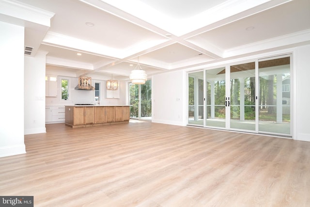816 Garfield Pkwy, Bethany Beach, DE 19930 - unfurnished living room with baseboards, coffered ceiling, light wood-style floors, beamed ceiling, and a chandelier