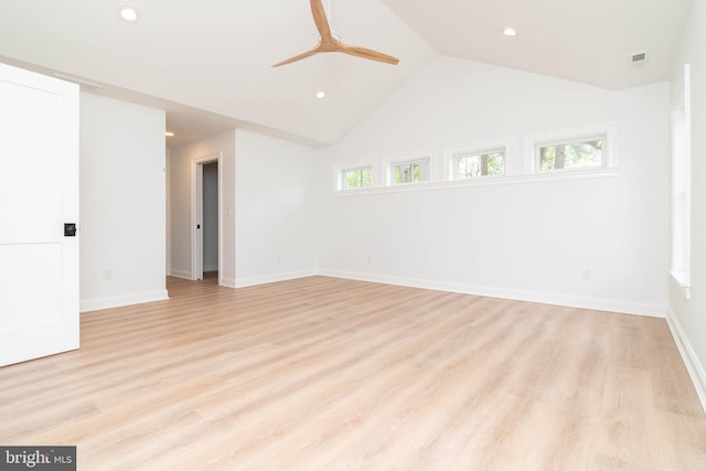 816 Garfield Pkwy, Bethany Beach, DE 19930 - unfurnished room featuring a ceiling fan, light wood-style floors, recessed lighting, baseboards, and vaulted ceiling