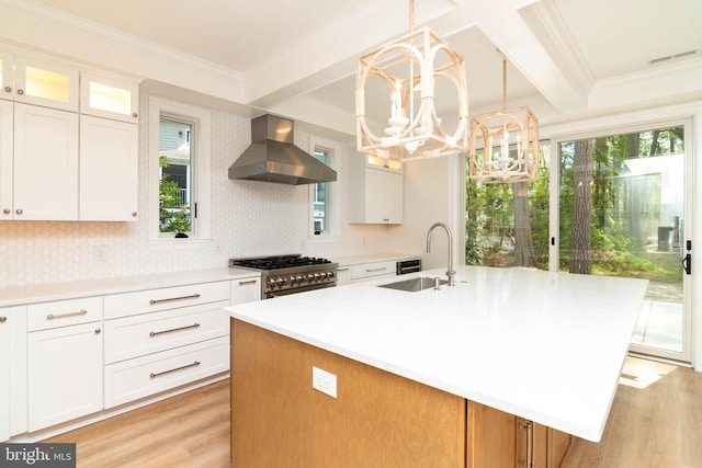 816 Garfield Pkwy, Bethany Beach, DE 19930 - kitchen featuring a sink, island range hood, high end stove, light wood finished floors, and a chandelier