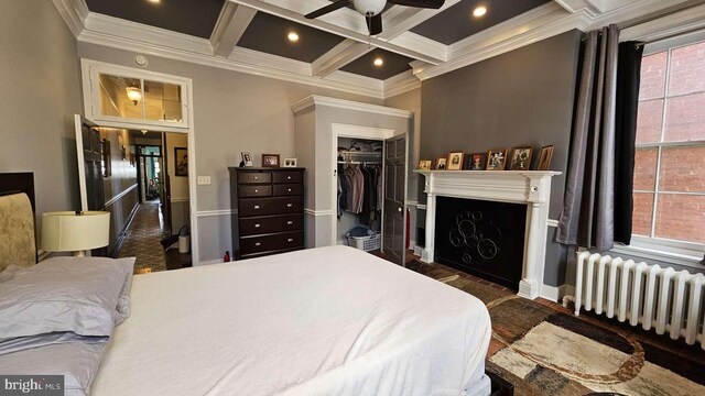 124 W Church St, Frederick, MD 21701 - bedroom featuring crown molding, radiator, a fireplace, coffered ceiling, and beam ceiling
