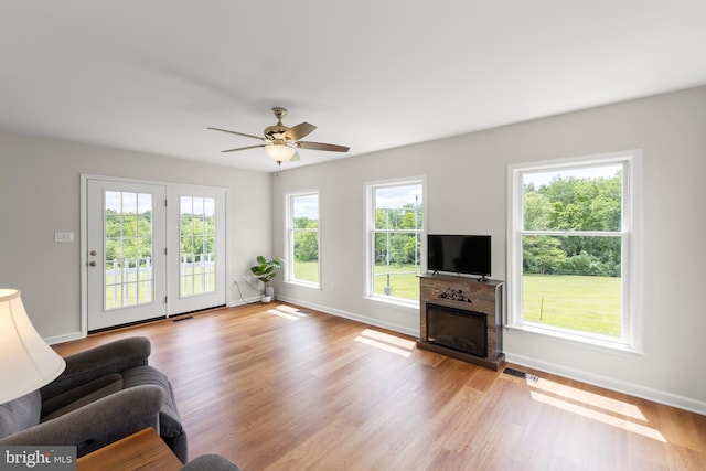 442 Frog Hollow Rd, Winchester, VA 22603 - living room featuring wood finished floors, a glass covered fireplace, baseboards, and ceiling fan