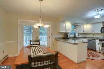20 Tower Rd, Dillsburg, PA 17019 - kitchen with appliances with stainless steel finishes, a peninsula, light wood finished floors, baseboard heating, and pendant lighting