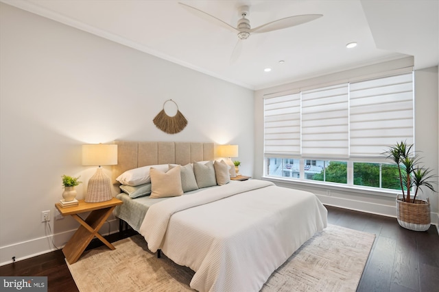 141 W St Unit 304, Annapolis, MD 21401 - bedroom featuring baseboards, hardwood / wood-style flooring, recessed lighting, crown molding, and ceiling fan