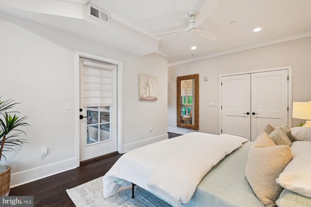 141 W St Unit 304, Annapolis, MD 21401 - bedroom with dark wood-style flooring, baseboards, ornamental molding, recessed lighting, and ceiling fan
