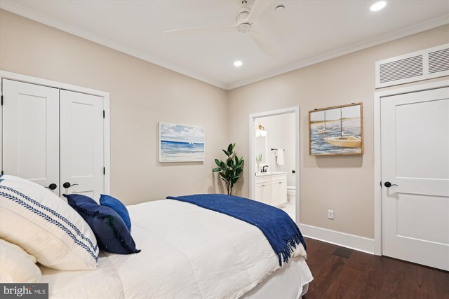 141 W St Unit 304, Annapolis, MD 21401 - bedroom with wood finished floors, recessed lighting, baseboards, a closet, and crown molding