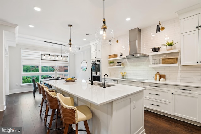 141 W St Unit 304, Annapolis, MD 21401 - kitchen with wall chimney exhaust hood, a sink, open shelves, black electric stovetop, and light countertops