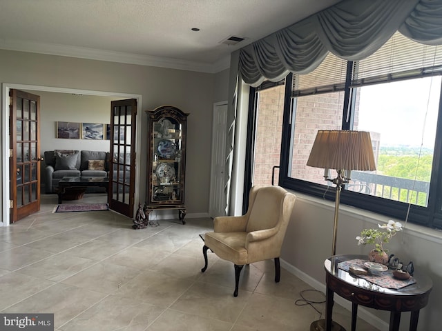 1805 S Crystal Dr S Unit 1109S, Arlington, VA 22202 - living area with light tile patterned floors, french doors, ornamental molding, and baseboards