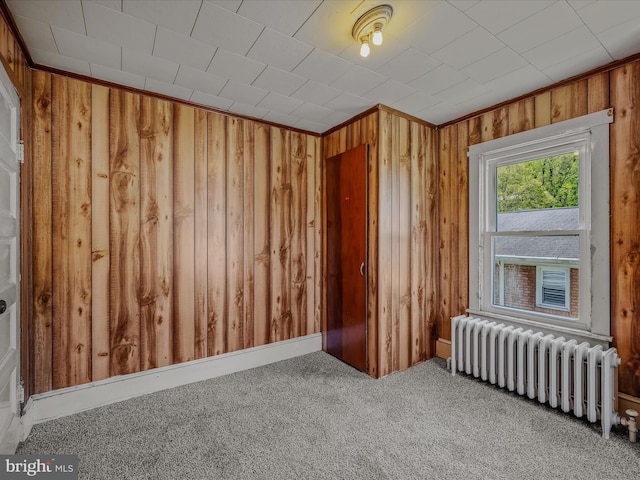 carpeted spare room with wooden walls and radiator