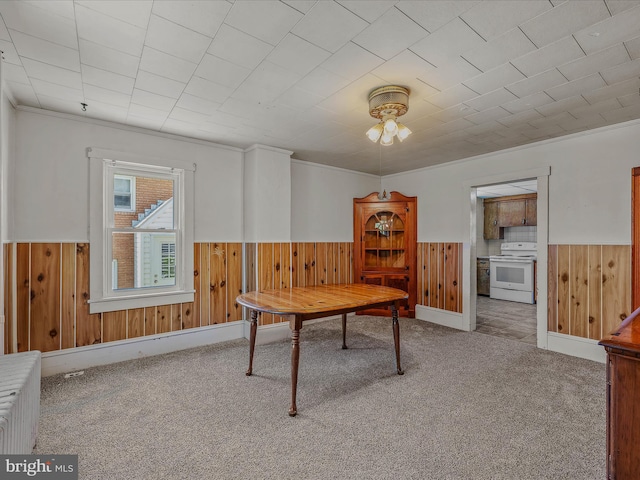office space with a ceiling fan, wood walls, a wainscoted wall, ornamental molding, and carpet flooring
