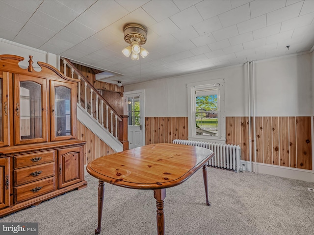 office area featuring wood walls, radiator heating unit, carpet flooring, and a wainscoted wall