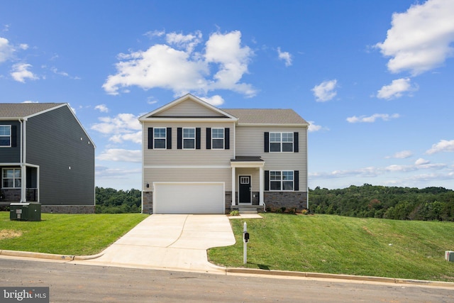 225 Waterfront Dr, Raphine, VA 24472 - view of front of house with a garage, a front yard, driveway, and stone siding