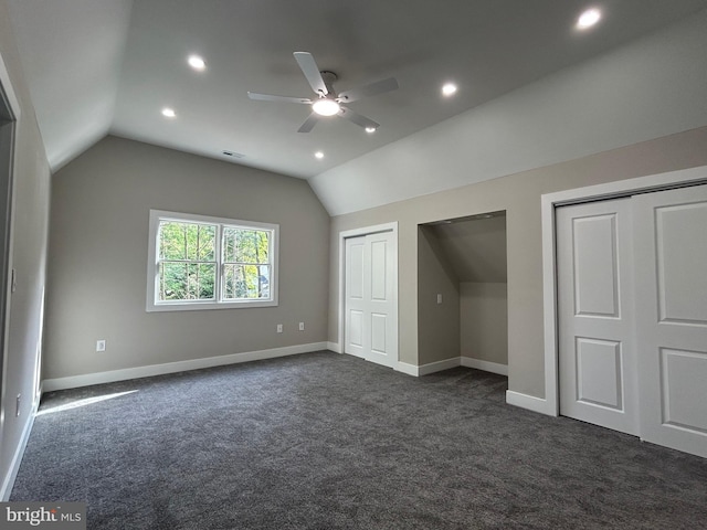 849 Glenn Cir, Wayne, PA 19087 - additional living space with vaulted ceiling, dark colored carpet, a ceiling fan, baseboards, and recessed lighting