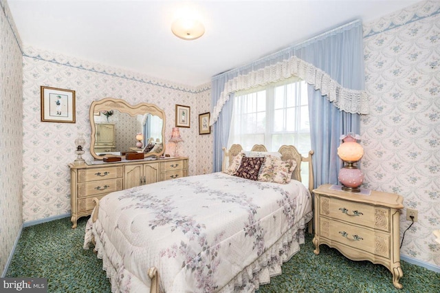 7198 Allegheny Dr, Frederick, MD 21702 - bedroom featuring dark carpet, baseboards, and wallpapered walls