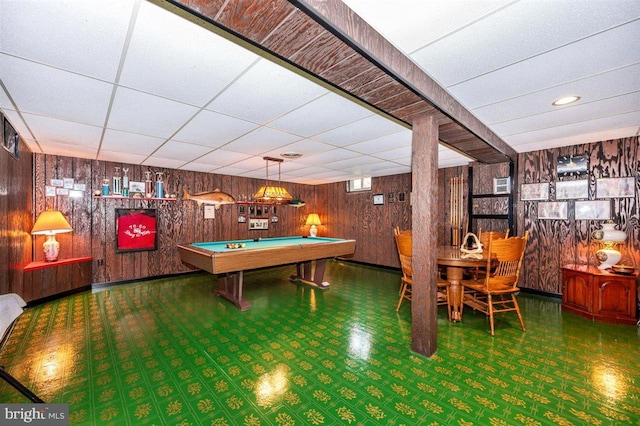 7198 Allegheny Dr, Frederick, MD 21702 - recreation room with wood walls, a drop ceiling, and pool table