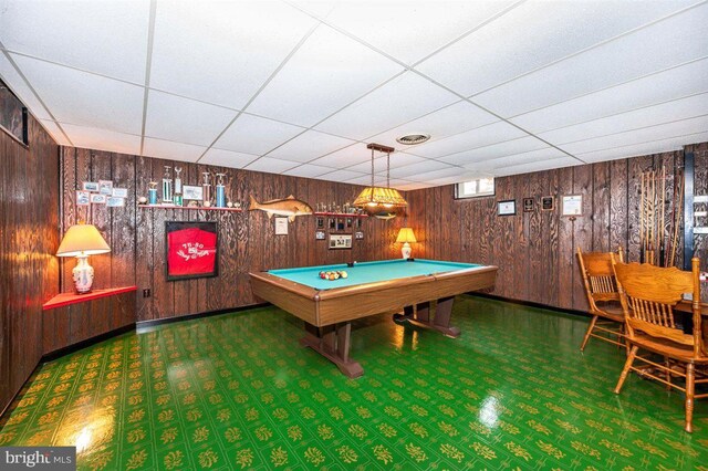 7198 Allegheny Dr, Frederick, MD 21702 - recreation room with visible vents, wood walls, a paneled ceiling, and billiards