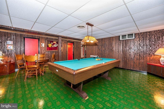 7198 Allegheny Dr, Frederick, MD 21702 - recreation room featuring wooden walls, billiards, a drop ceiling, and visible vents