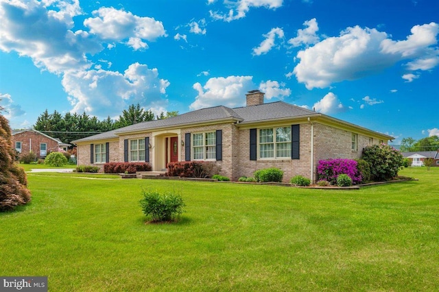 7198 Allegheny Dr, Frederick, MD 21702 - ranch-style house featuring brick siding, a chimney, and a front yard