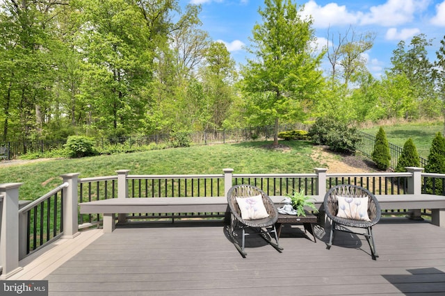 wooden terrace with a lawn and a fenced backyard