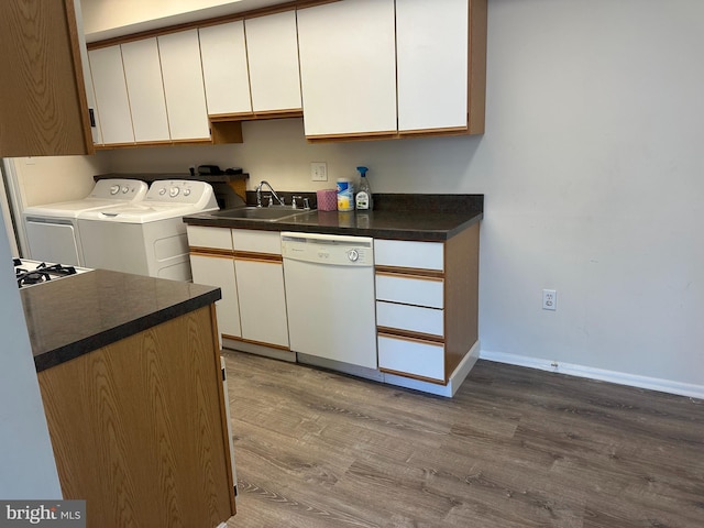 10206 Prince Pl Unit 4-204, Upper Marlboro, MD 20774 - kitchen featuring white cabinets, separate washer and dryer, wood finished floors, and white dishwasher