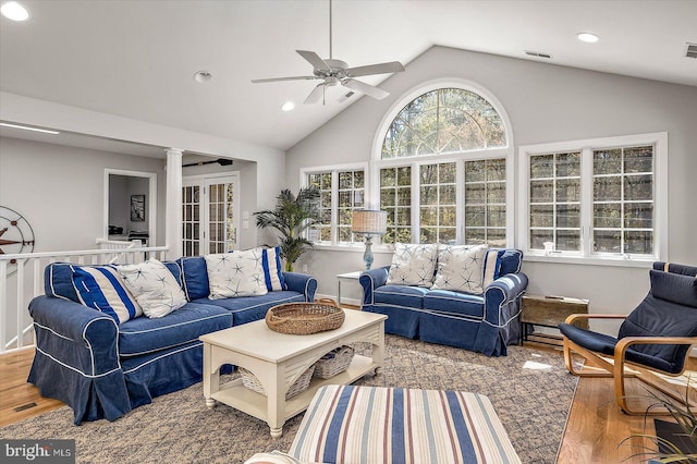 living room featuring recessed lighting, wood finished floors, visible vents, and ceiling fan