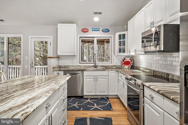 kitchen with light wood-type flooring, a healthy amount of sunlight, stainless steel appliances, and a sink