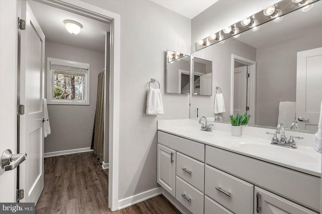 bathroom featuring baseboards, wood finished floors, a sink, and double vanity