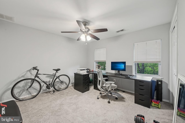 935 S Kenwood Ave, Baltimore, MD 21224 - home office featuring carpet, visible vents, baseboards, and ceiling fan