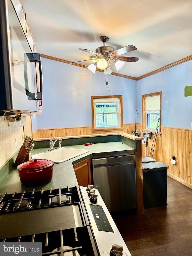 200 E Pacific Ave, Minotola, NJ 08341 - kitchen with dishwasher, a sink, wainscoting, ornamental molding, and ceiling fan