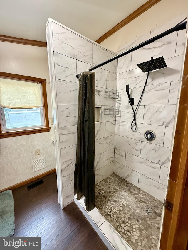 200 E Pacific Ave, Minotola, NJ 08341 - bathroom with crown molding, a shower stall, and wood finished floors
