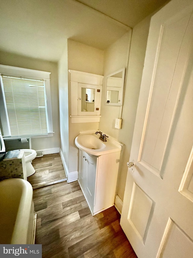 200 E Pacific Ave, Minotola, NJ 08341 - bathroom featuring vanity, wood finished floors, baseboards, toilet, and a bidet