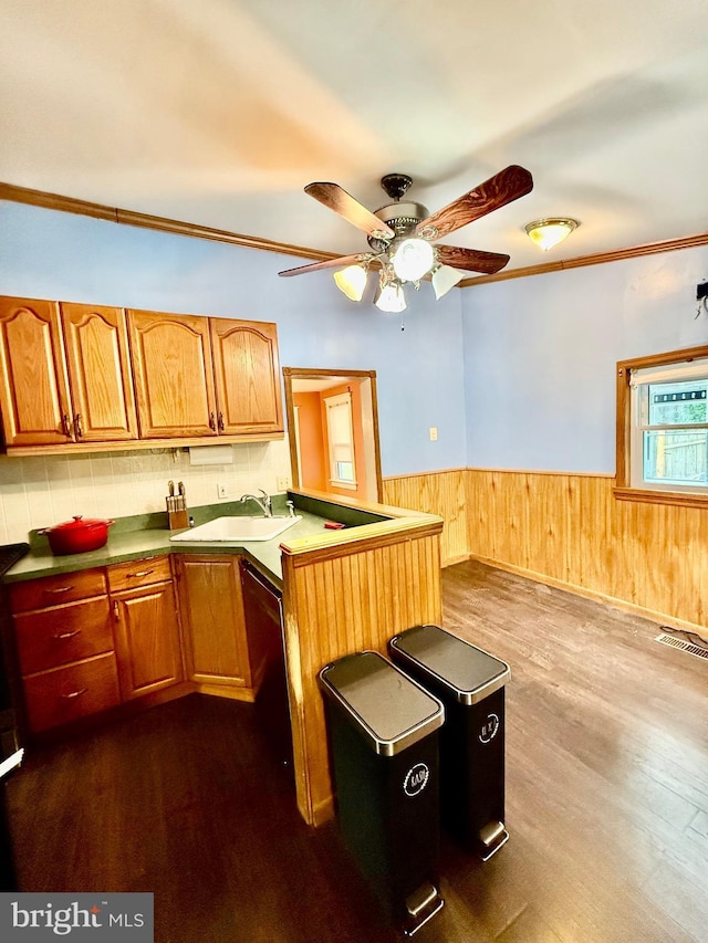 200 E Pacific Ave, Minotola, NJ 08341 - kitchen featuring a sink, dark wood-style floors, wainscoting, ceiling fan, and a peninsula