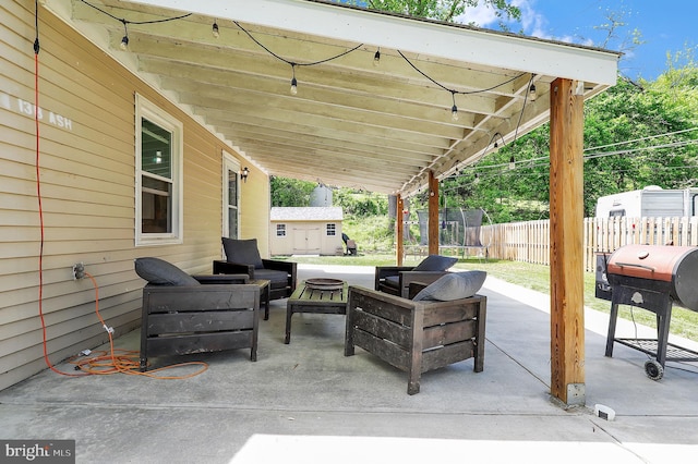 13 Ash Dr, Knoxville, MD 21758 - view of patio / terrace with a trampoline, outdoor lounge area, fence, and a shed