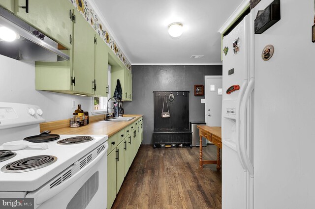 13 Ash Dr, Knoxville, MD 21758 - kitchen with green cabinetry, a sink, white appliances, light countertops, and under cabinet range hood