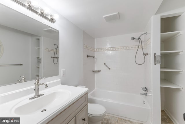 bathroom featuring shower / bathing tub combination, visible vents, toilet, and vanity