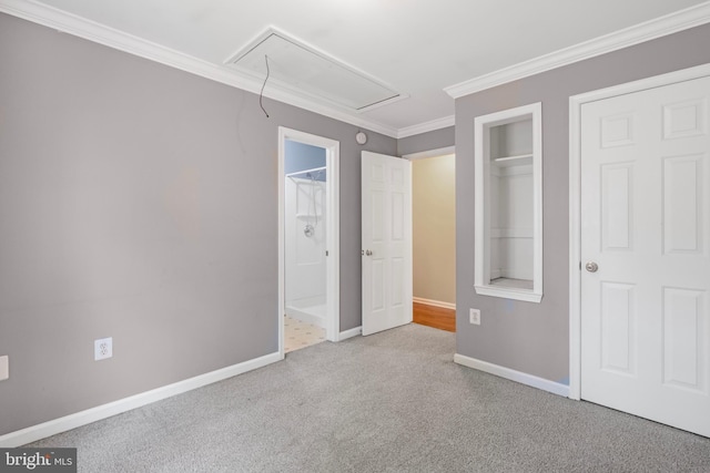 3580 Diamond Point Mews, Dumfries, VA 22026 - unfurnished bedroom with attic access, ensuite bath, carpet, baseboards, and ornamental molding