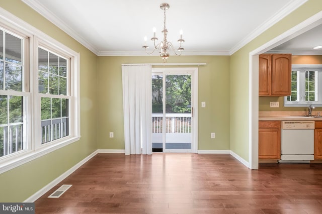 3580 Diamond Point Mews, Dumfries, VA 22026 - unfurnished dining area with baseboards, dark wood-type flooring, a chandelier, and visible vents