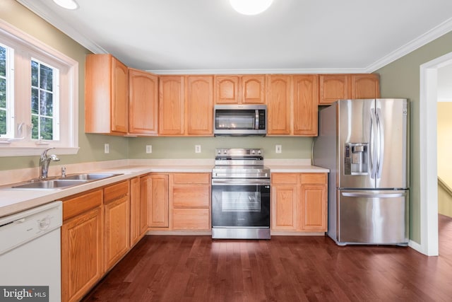3580 Diamond Point Mews, Dumfries, VA 22026 - kitchen with dark wood finished floors, crown molding, appliances with stainless steel finishes, and a sink