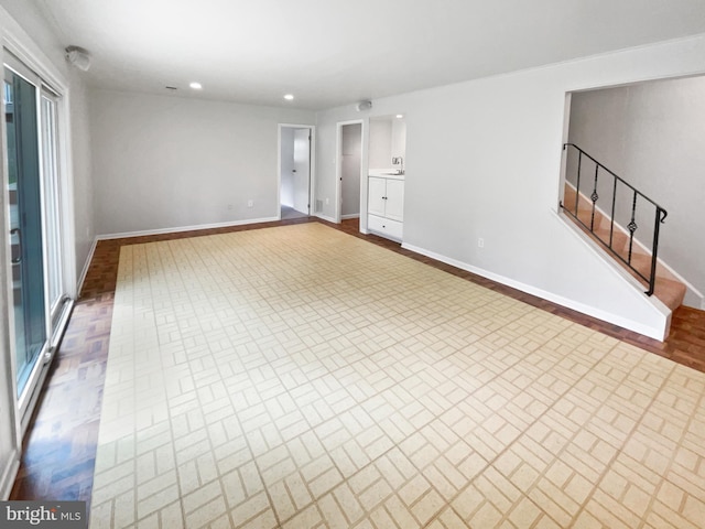 4987 Dequincey Dr, Fairfax, VA 22032 - interior space with brick patterned floor, baseboards, stairs, and recessed lighting
