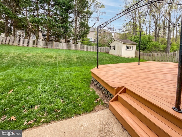 4987 Dequincey Dr, Fairfax, VA 22032 - view of yard featuring a storage shed, a fenced backyard, a wooden deck, and an outdoor structure
