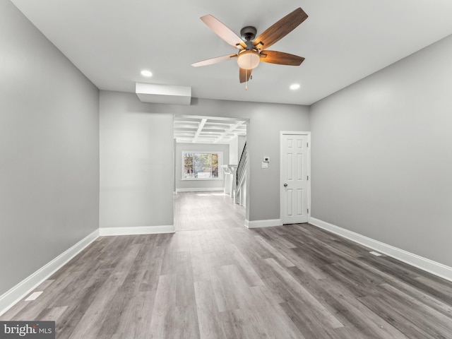 4841 N 13th St, Philadelphia, PA 19141 - empty room with baseboards, recessed lighting, wood finished floors, stairway, and ceiling fan