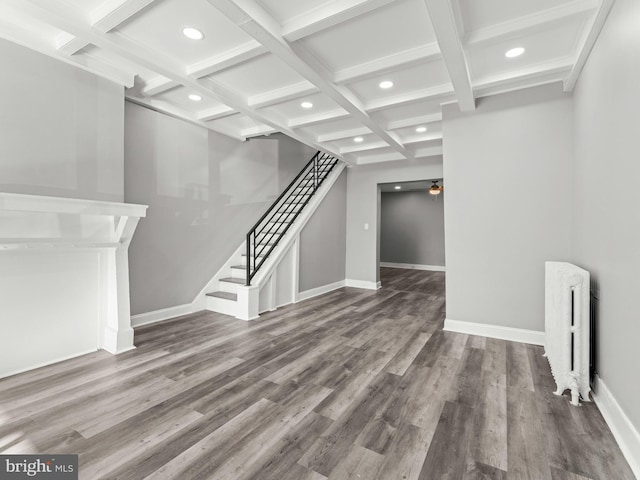4841 N 13th St, Philadelphia, PA 19141 - additional living space with radiator heating unit, wood finished floors, baseboards, beam ceiling, and recessed lighting