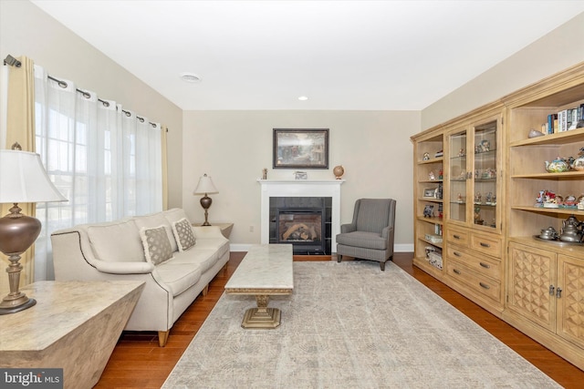 living area featuring a tile fireplace and wood finished floors