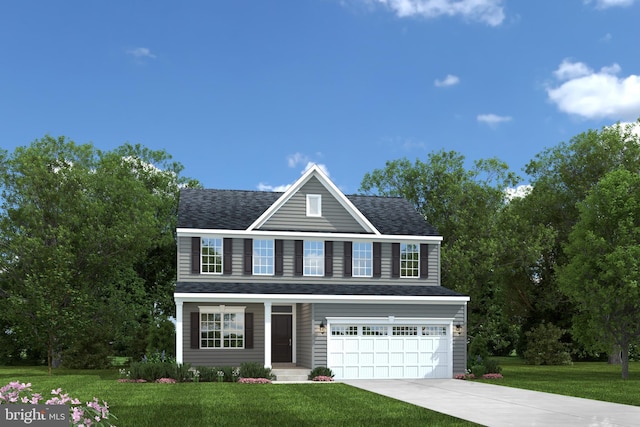 traditional-style home with a front lawn, a shingled roof, driveway, and a garage