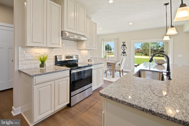 kitchen featuring a sink, under cabinet range hood, decorative backsplash, stainless steel electric range oven, and dark wood-style floors
