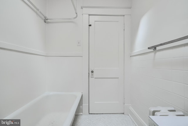bathroom featuring walk in shower and a washtub