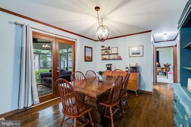 36035 Army Navy Dr, Mechanicsville, MD 20659 - dining room featuring french doors, dark wood-style flooring, ornamental molding, a chandelier, and baseboards