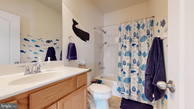 bathroom with vanity, tile patterned flooring, shower / bathtub combination with curtain, and toilet